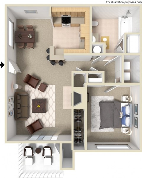 Floor plan for 1 bed, 1 bath, 729 sqft